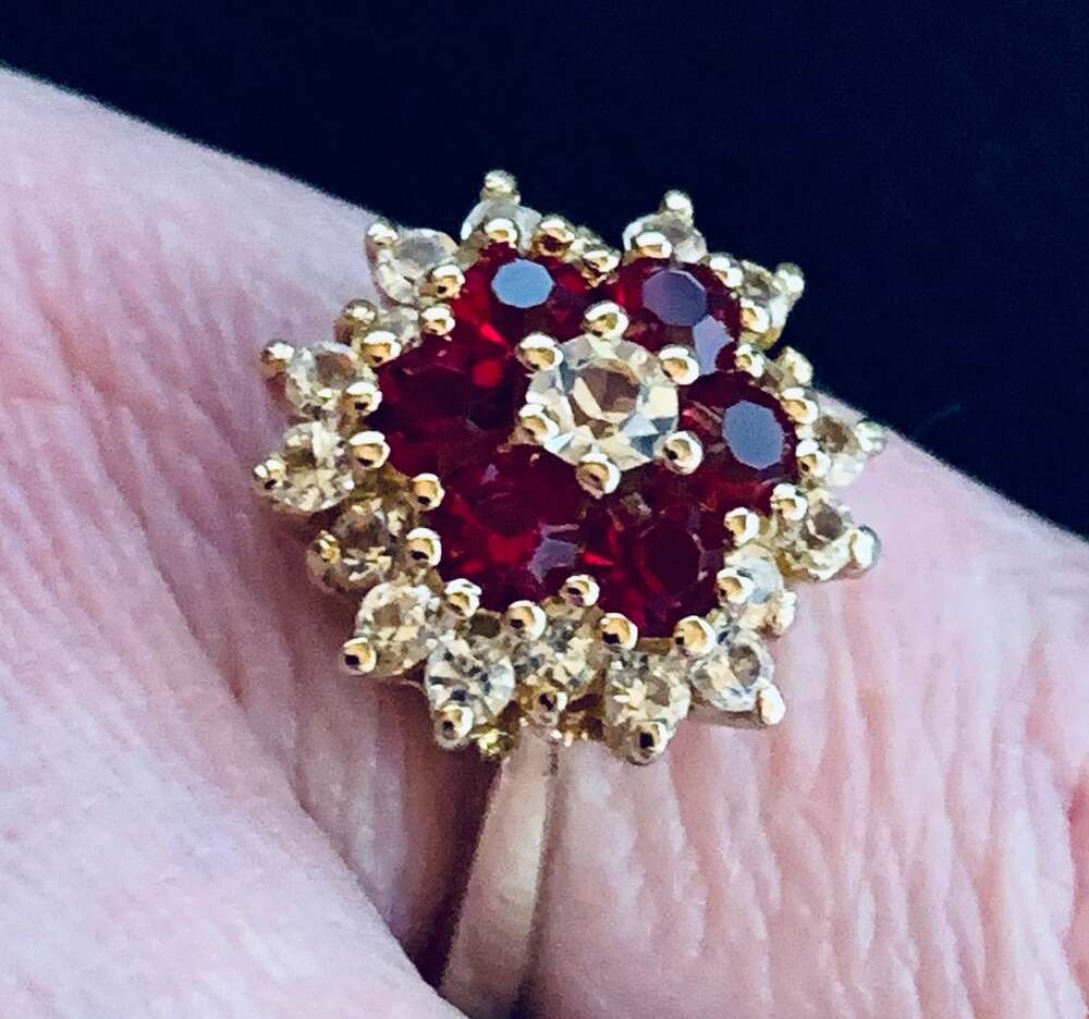 Joseph Esposito ruby red white rhinestones designer cocktail 7.5 ring